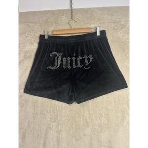Juicy Couture Womens L Velour Shorts Black Rhinestone Logo Drawstring Sleepwear